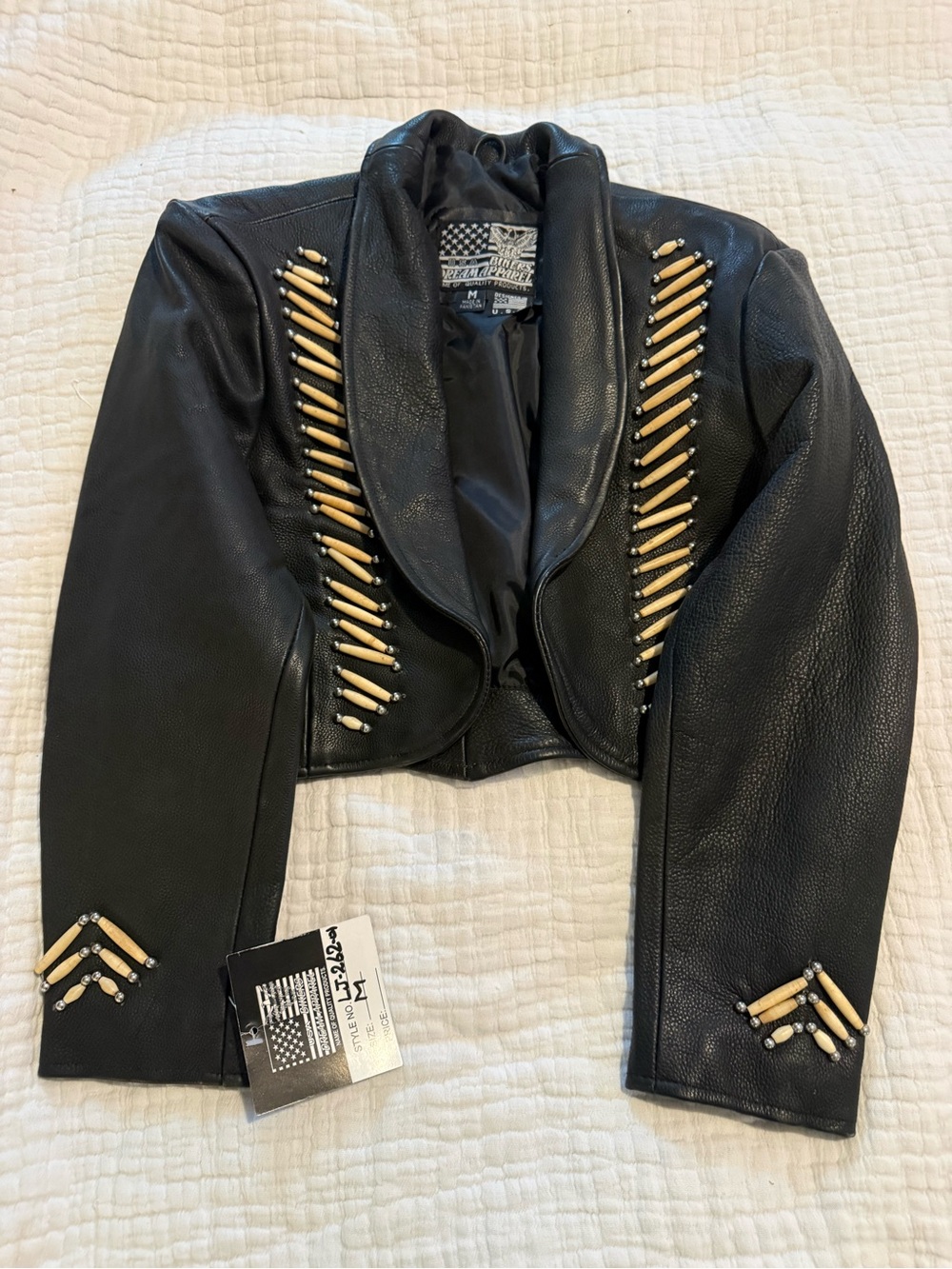Vintage Black Leather Cropped Western Jacket Beaded NWT Deadstock 1345